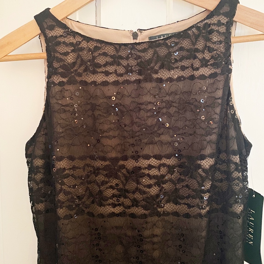 Vintage 90s Ralph Lauren Party Dress. Black Lace over nude slip. Size 2 New!